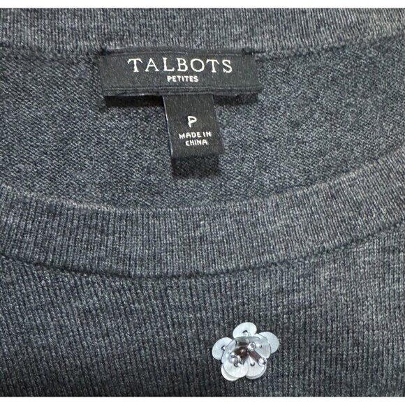 Talbots Sz PP PXS Gray Beaded Sequin Floral Short Sleeve Sweater Knit Blouse Top - Picture 4 of 7